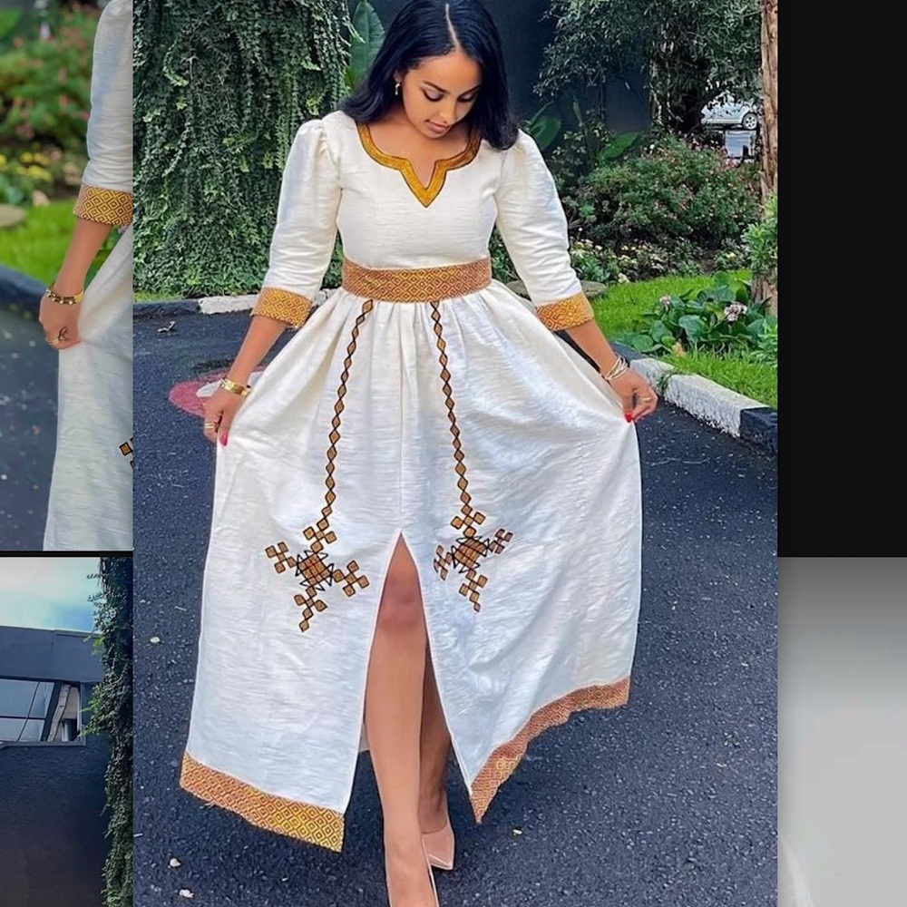 Chic White and Gold Patterned Long Sleeve Dress